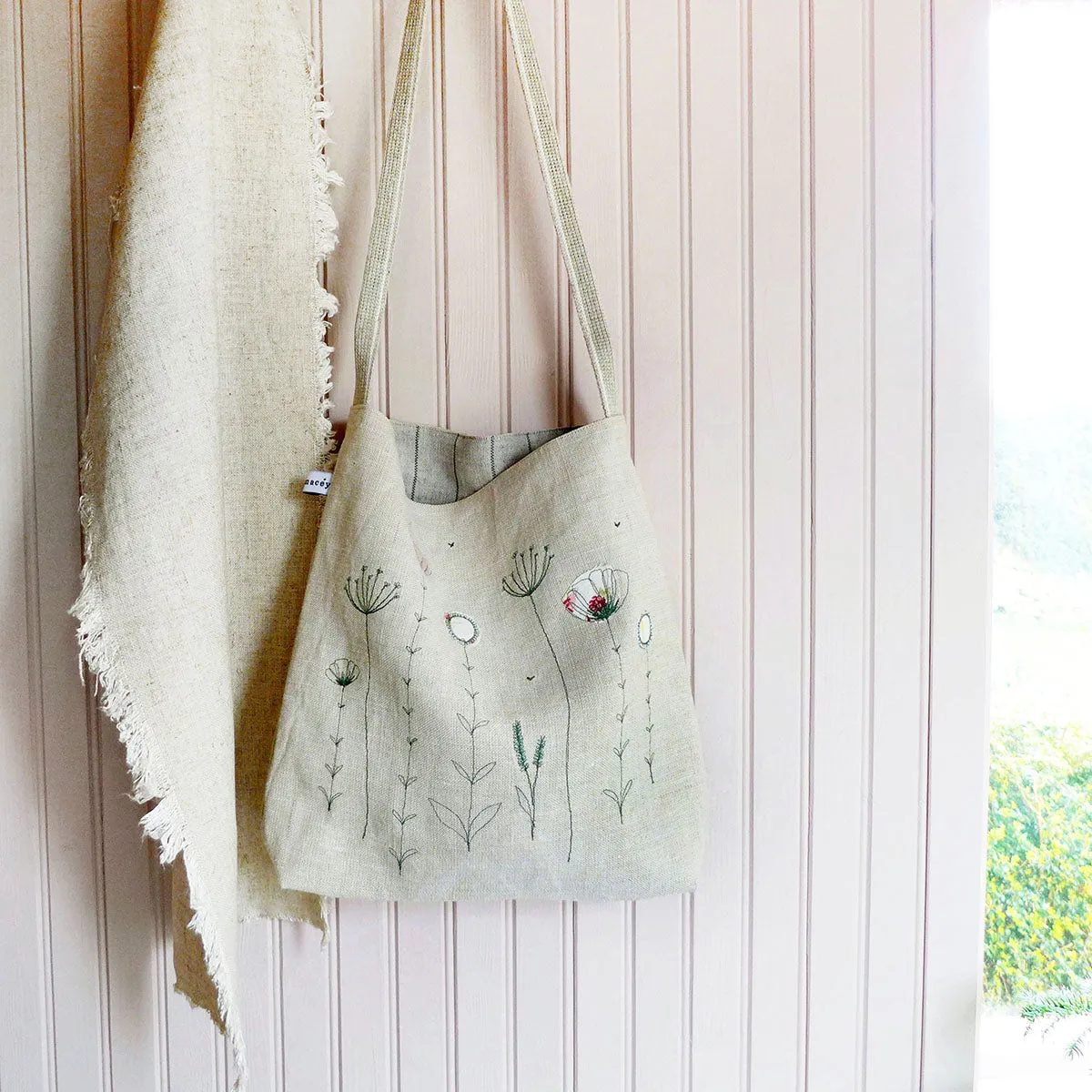 Embroidered Wildflowers Linen Day Bag
