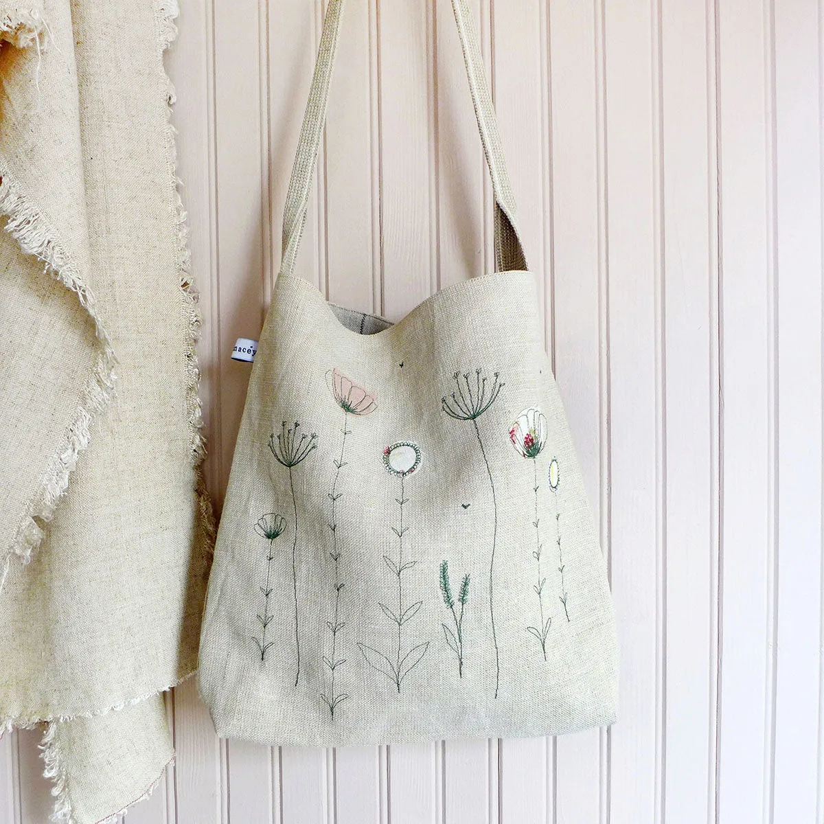 Embroidered Wildflowers Linen Day Bag
