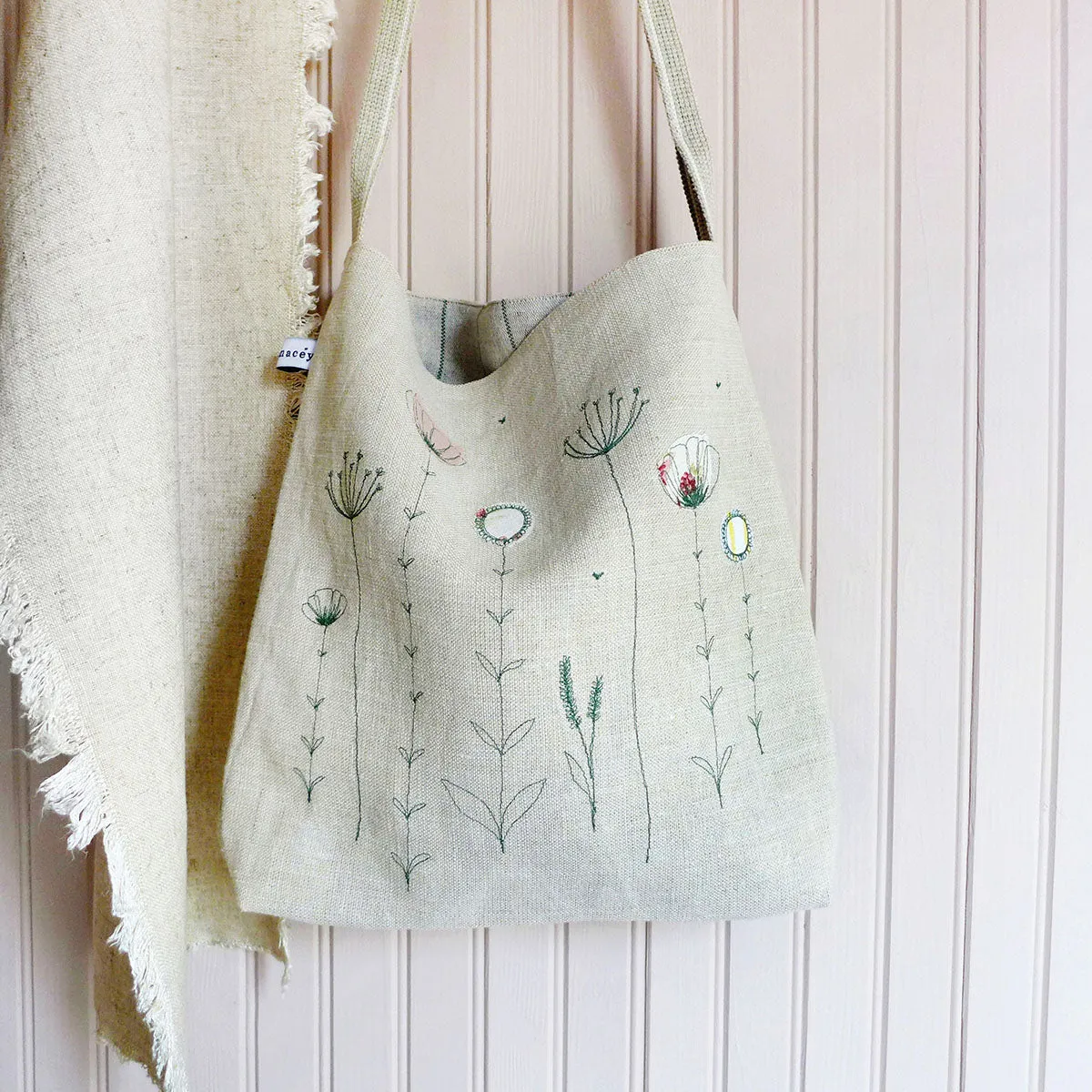 Embroidered Wildflowers Linen Day Bag