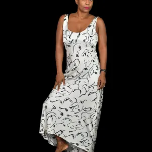 En Saison Slip Dress Ivory White Pearl Abstract Print Face Maxi Silky Satin Size Large