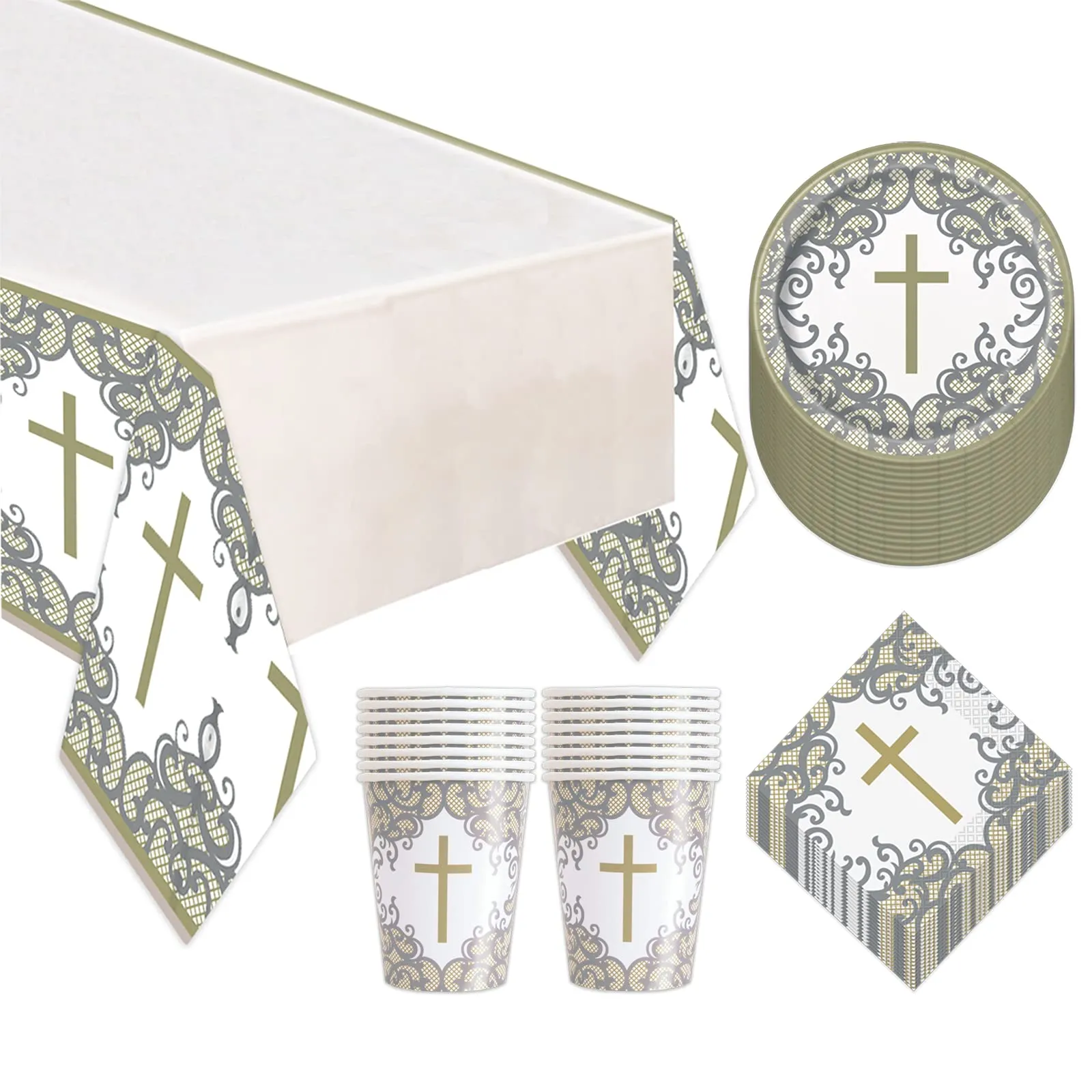 Fancy Silver & Gold Religious Cross Dinner Party Pack (Serves 16)