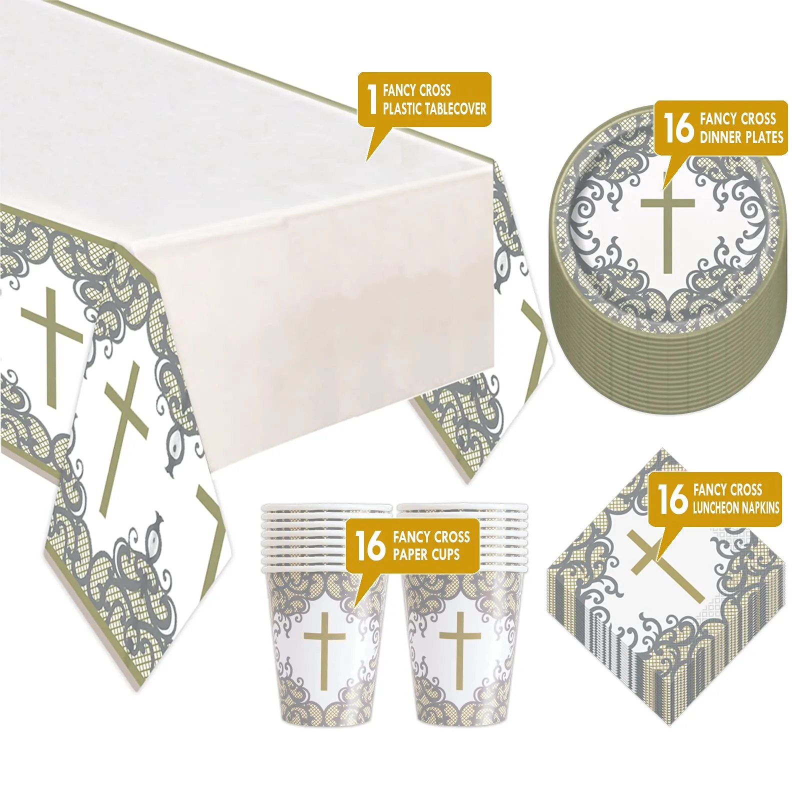 Fancy Silver & Gold Religious Cross Dinner Party Pack (Serves 16)