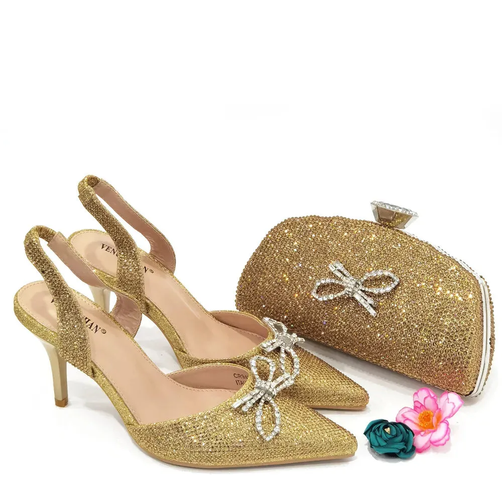 Fashionable Gold Color Ladies Shoes and Bag Set for Party Nigerian Women Wedding Shoes and Bag Set
