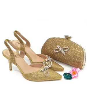 Fashionable Gold Color Ladies Shoes and Bag Set for Party Nigerian Women Wedding Shoes and Bag Set