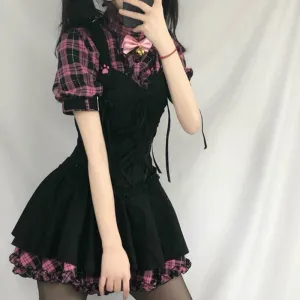 Fashionkova  Summer Emo Dresses For Women Plaid Goth Alt Kawaii Pink Clothes Short Sleeve Strap Midi Dress Lolita Harajuku Cottagecore Y2K