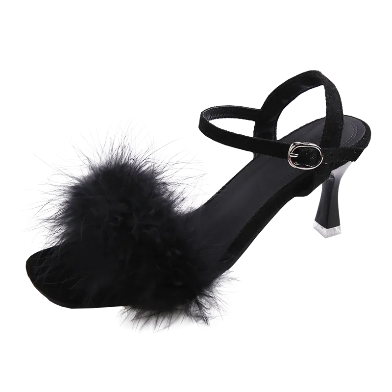 Feather Sandals Women Furry High Heels Ankle Plush Sandals Woman Transparent Heels With Fur Stripper Heeled Sandal Women