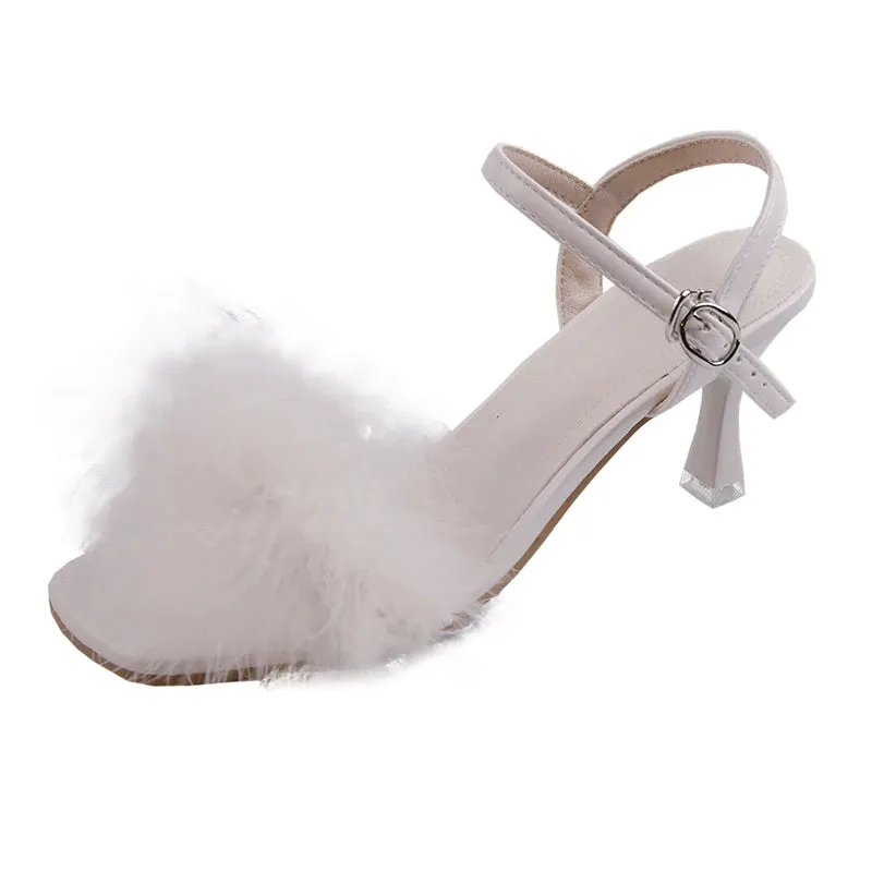 Feather Sandals Women Furry High Heels Ankle Plush Sandals Woman Transparent Heels With Fur Stripper Heeled Sandal Women