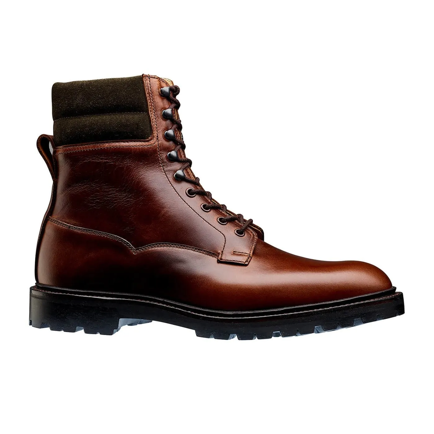 Ross Chocolate Hurricane Hide & Earth Green Suede Collar Warm and Cozy Secure Hold