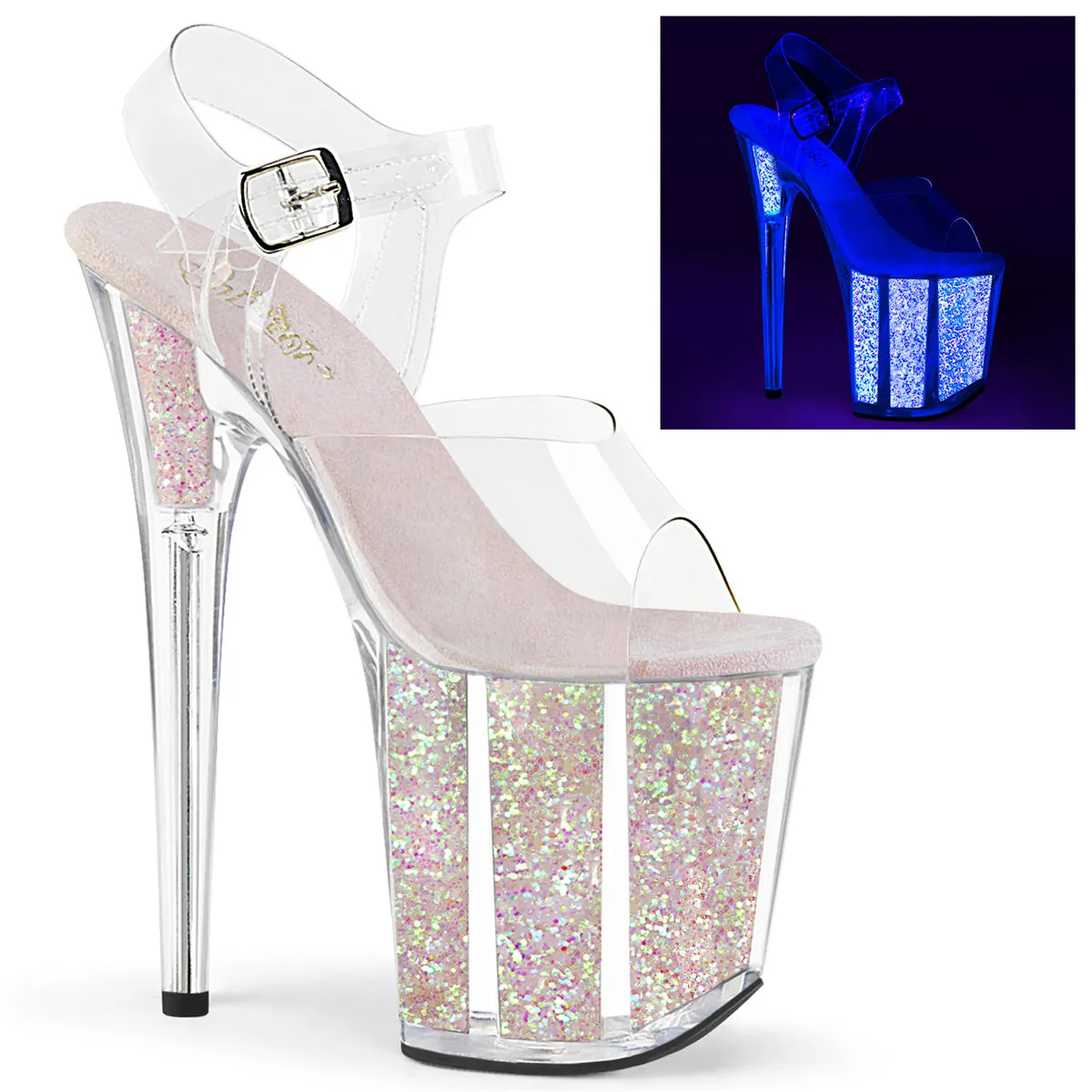 FLAMINGO-808UVG Pleaser Clear/Neon Opal Glitter Sexy Platform Shoes (Pole Dancing Heels)