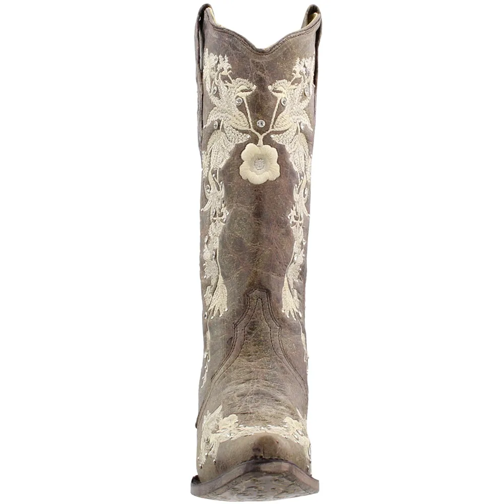 Floral Rhinestone Embroidered Snip Toe Cowboy Boots