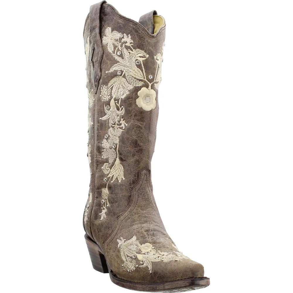 Floral Rhinestone Embroidered Snip Toe Cowboy Boots