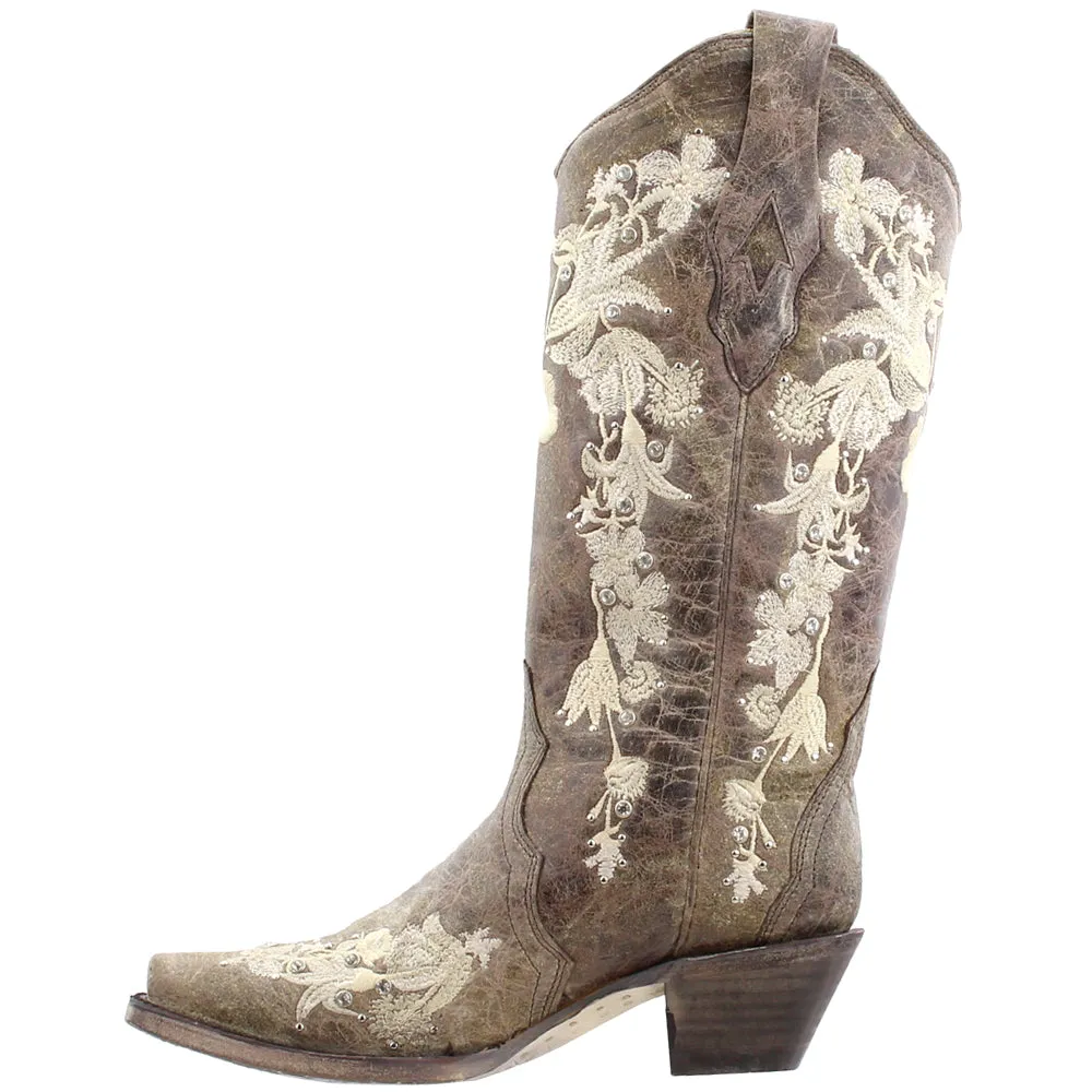 Floral Rhinestone Embroidered Snip Toe Cowboy Boots