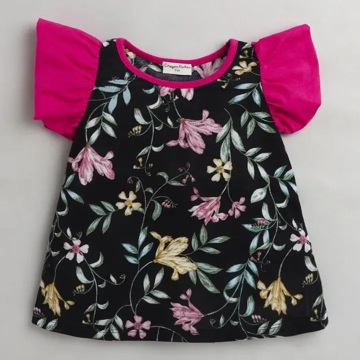 Floral with Sleeves Frill Top - Black