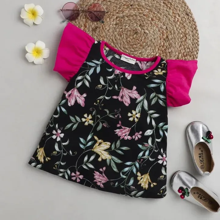 Floral with Sleeves Frill Top - Black
