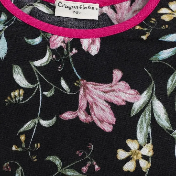 Floral with Sleeves Frill Top - Black