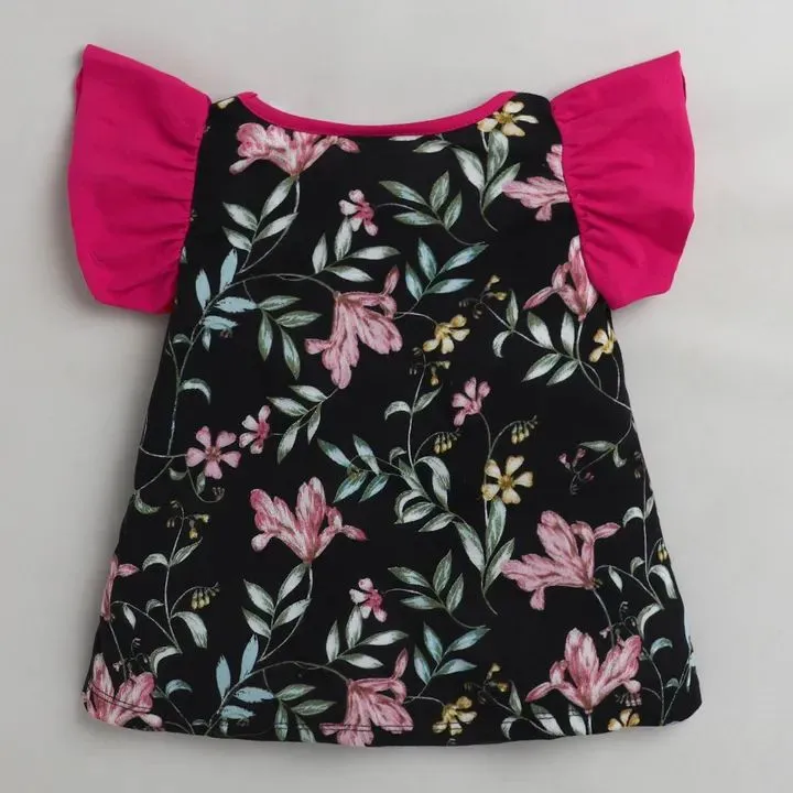 Floral with Sleeves Frill Top - Black