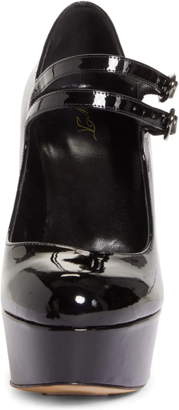 FOWT Gothic Lolita Platform Mary Janes Shoes for Women Two Ankle Buckles Pumps Strappy Round Toe High Heels Patent Leather Lolita Dress School Uniform Cosplay Shoes for Girls Size 4-16 US