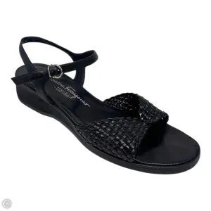 Memory Foam Airport Travel Comfort Wedge Woven Leather Ankle Strap Wedge Sandals Designer By Ferragamo In Black, Size: 9