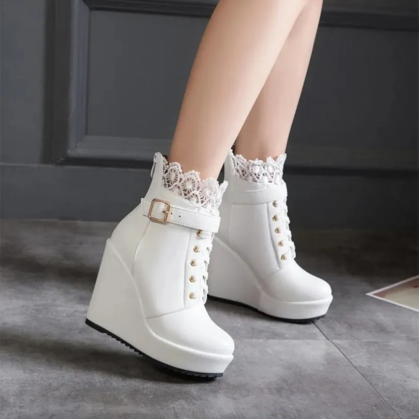Funki Buys | Boots | Women's High Lace Top Wedge Ankle Boots