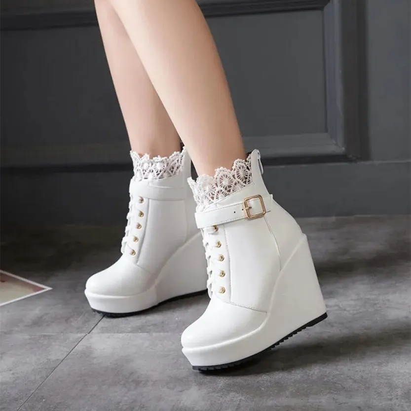 Funki Buys | Boots | Women's High Lace Top Wedge Ankle Boots