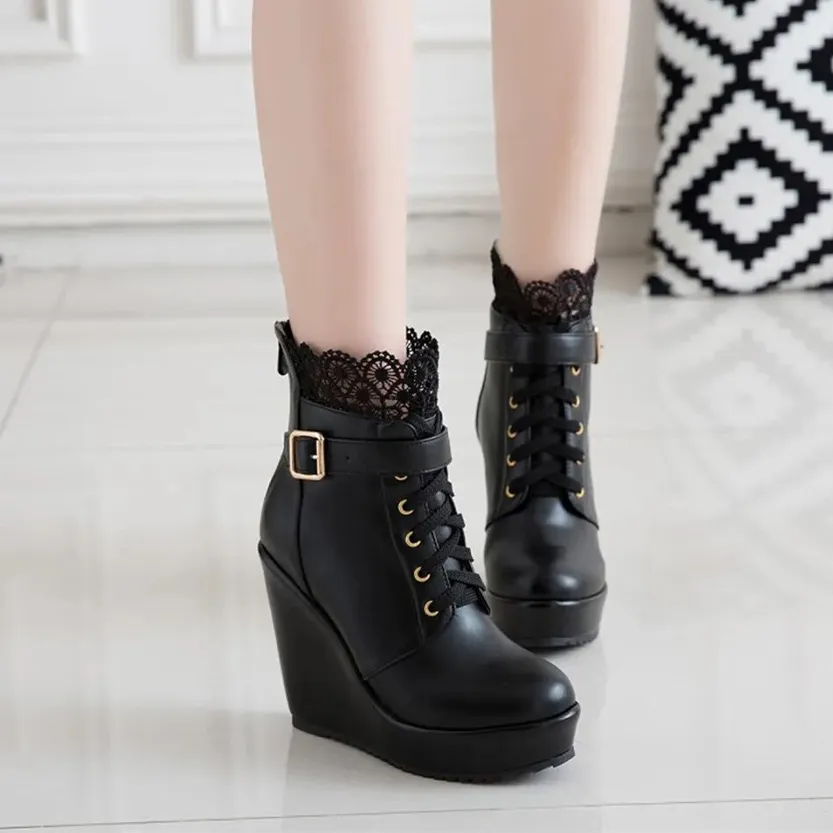 Funki Buys | Boots | Women's High Lace Top Wedge Ankle Boots