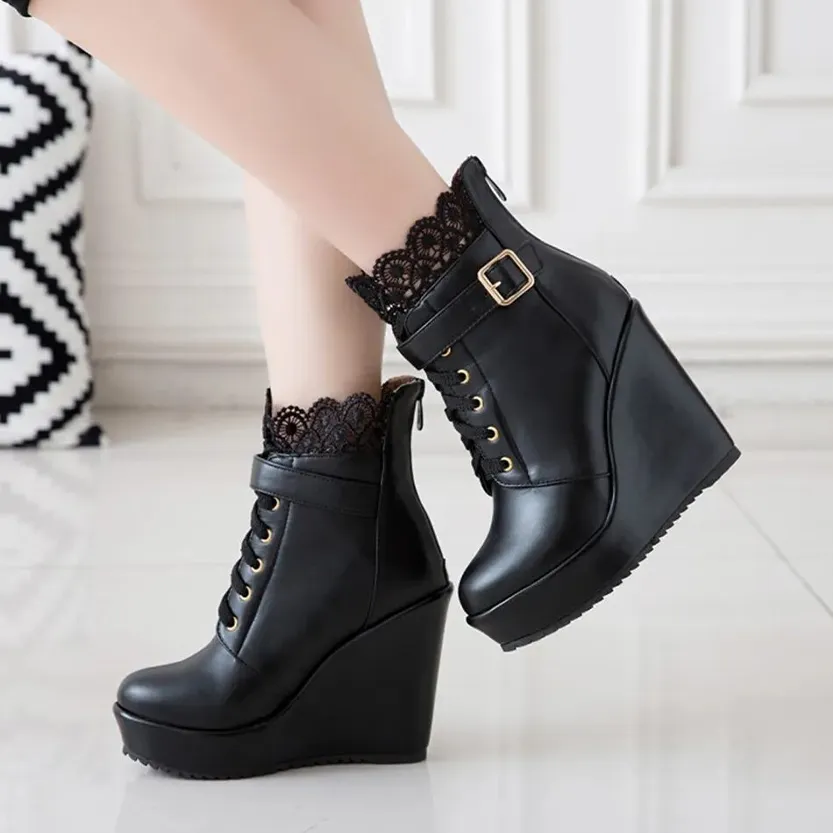 Funki Buys | Boots | Women's High Lace Top Wedge Ankle Boots