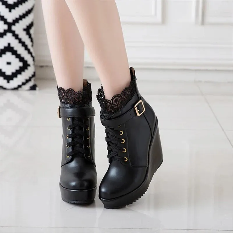 Funki Buys | Boots | Women's High Lace Top Wedge Ankle Boots
