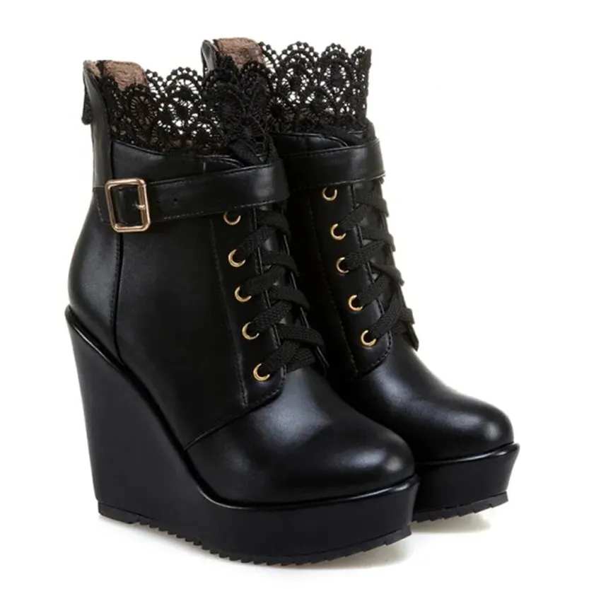 Funki Buys | Boots | Women's High Lace Top Wedge Ankle Boots