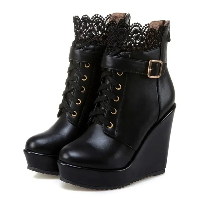 Funki Buys | Boots | Women's High Lace Top Wedge Ankle Boots