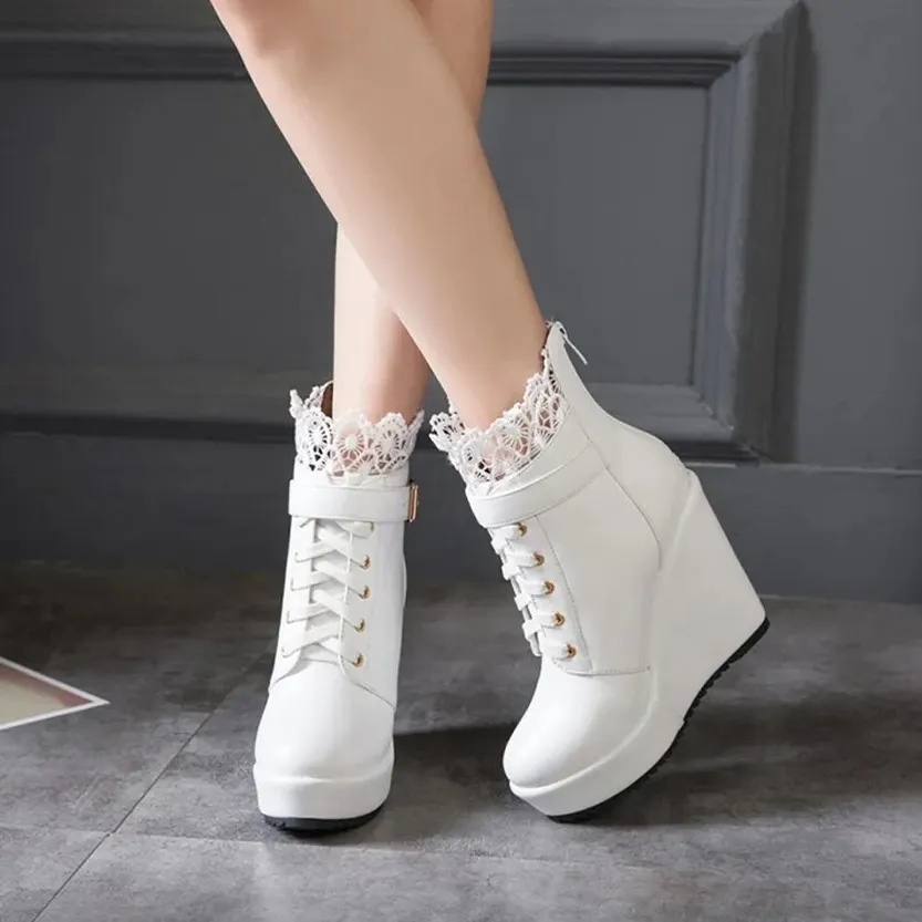 Funki Buys | Boots | Women's High Lace Top Wedge Ankle Boots