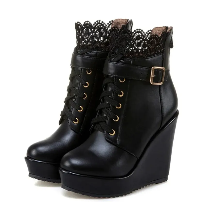 Funki Buys | Boots | Women's High Lace Top Wedge Ankle Boots