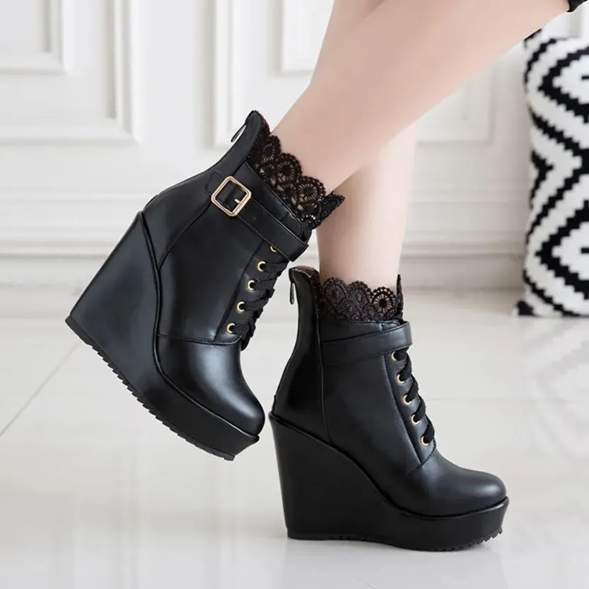Funki Buys | Boots | Women's High Lace Top Wedge Ankle Boots