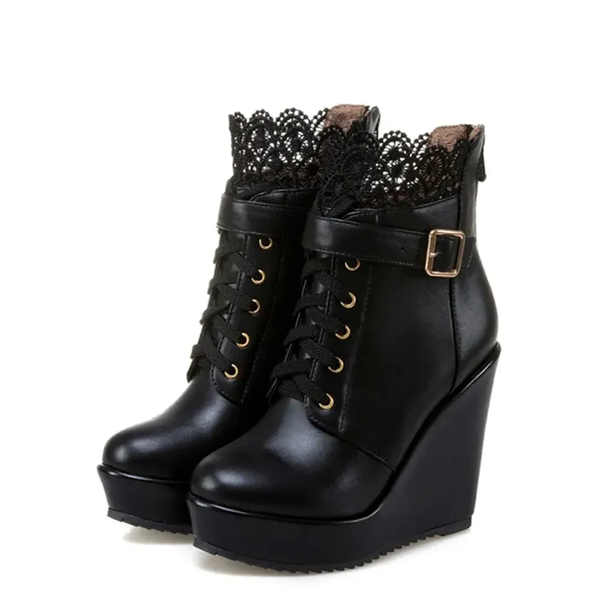 Funki Buys | Boots | Women's High Lace Top Wedge Ankle Boots