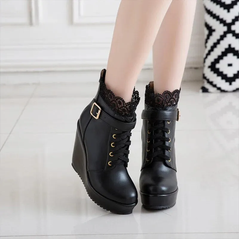 Funki Buys | Boots | Women's High Lace Top Wedge Ankle Boots