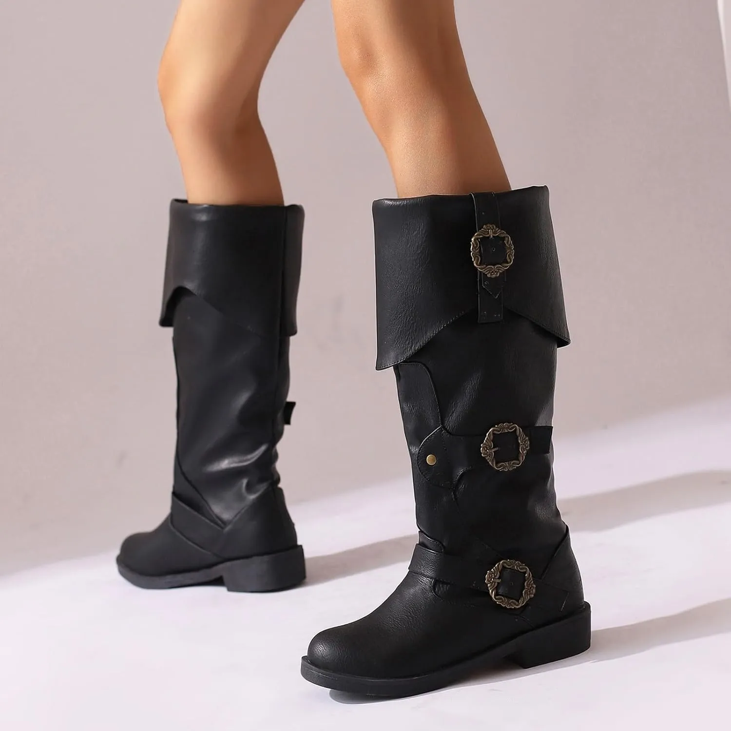 Generic Women's Alternative Black Knee High Calf Vintage Foldover Pirate Costume Boots Goth Buckle Strap Leather Boots Stylish Cosplay Shoes