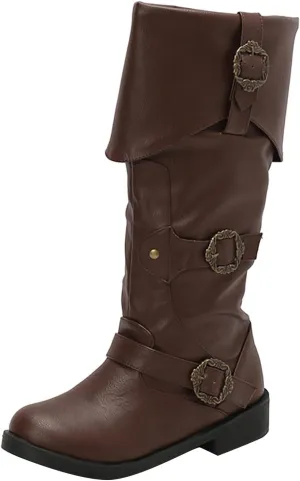 Generic Women's Alternative Black Knee High Calf Vintage Foldover Pirate Costume Boots Goth Buckle Strap Leather Boots Stylish Cosplay Shoes