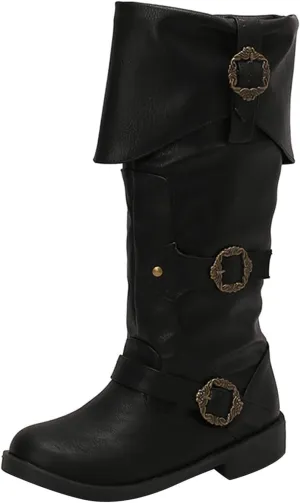 Generic Women's Alternative Black Knee High Calf Vintage Foldover Pirate Costume Boots Goth Buckle Strap Leather Boots Stylish Cosplay Shoes