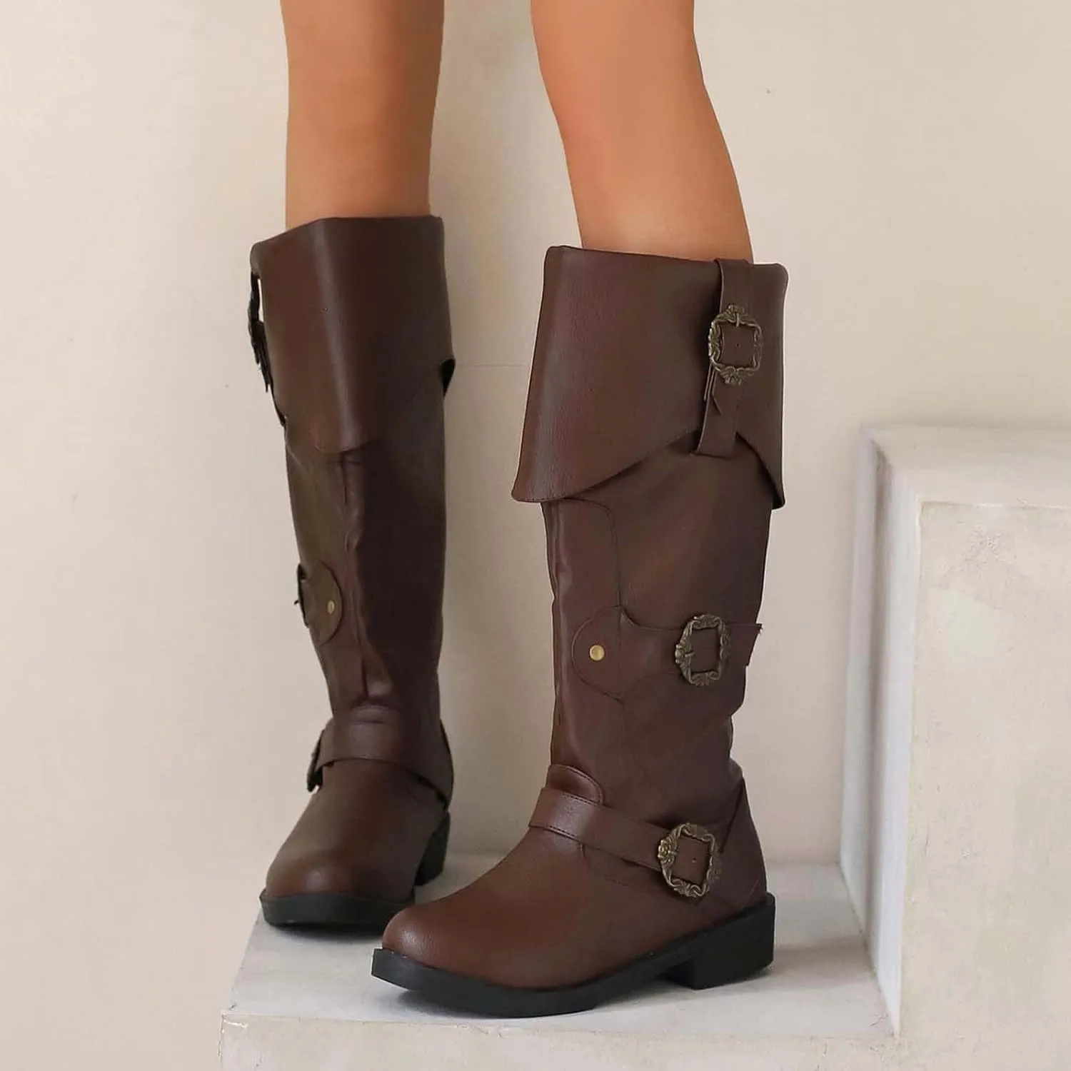 Generic Women's Alternative Black Knee High Calf Vintage Foldover Pirate Costume Boots Goth Buckle Strap Leather Boots Stylish Cosplay Shoes