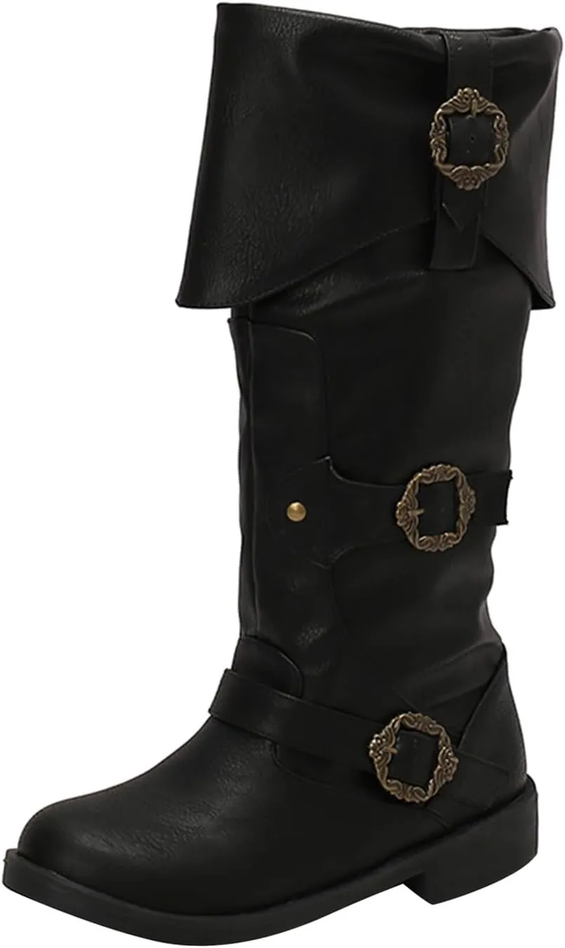 Generic Women's Alternative Black Knee High Calf Vintage Foldover Pirate Costume Boots Goth Buckle Strap Leather Boots Stylish Cosplay Shoes