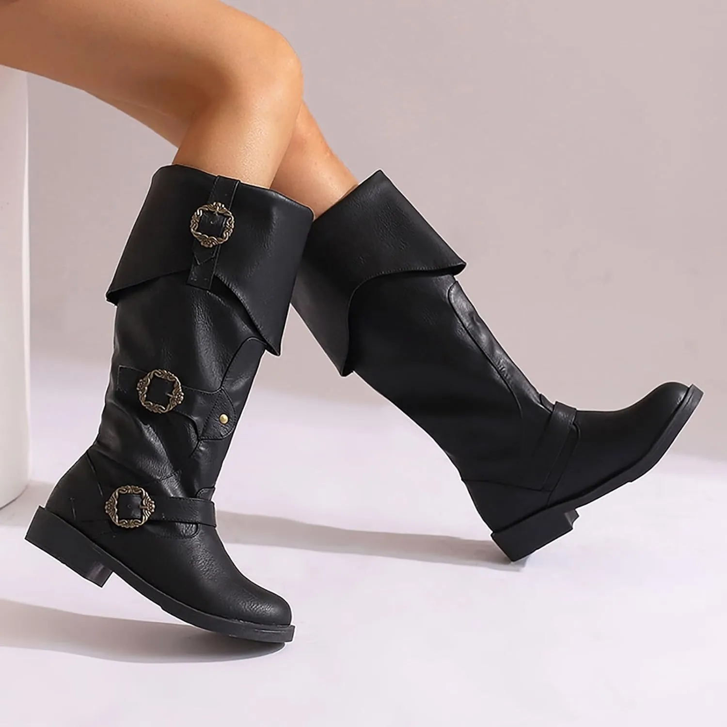 Generic Women's Alternative Black Knee High Calf Vintage Foldover Pirate Costume Boots Goth Buckle Strap Leather Boots Stylish Cosplay Shoes