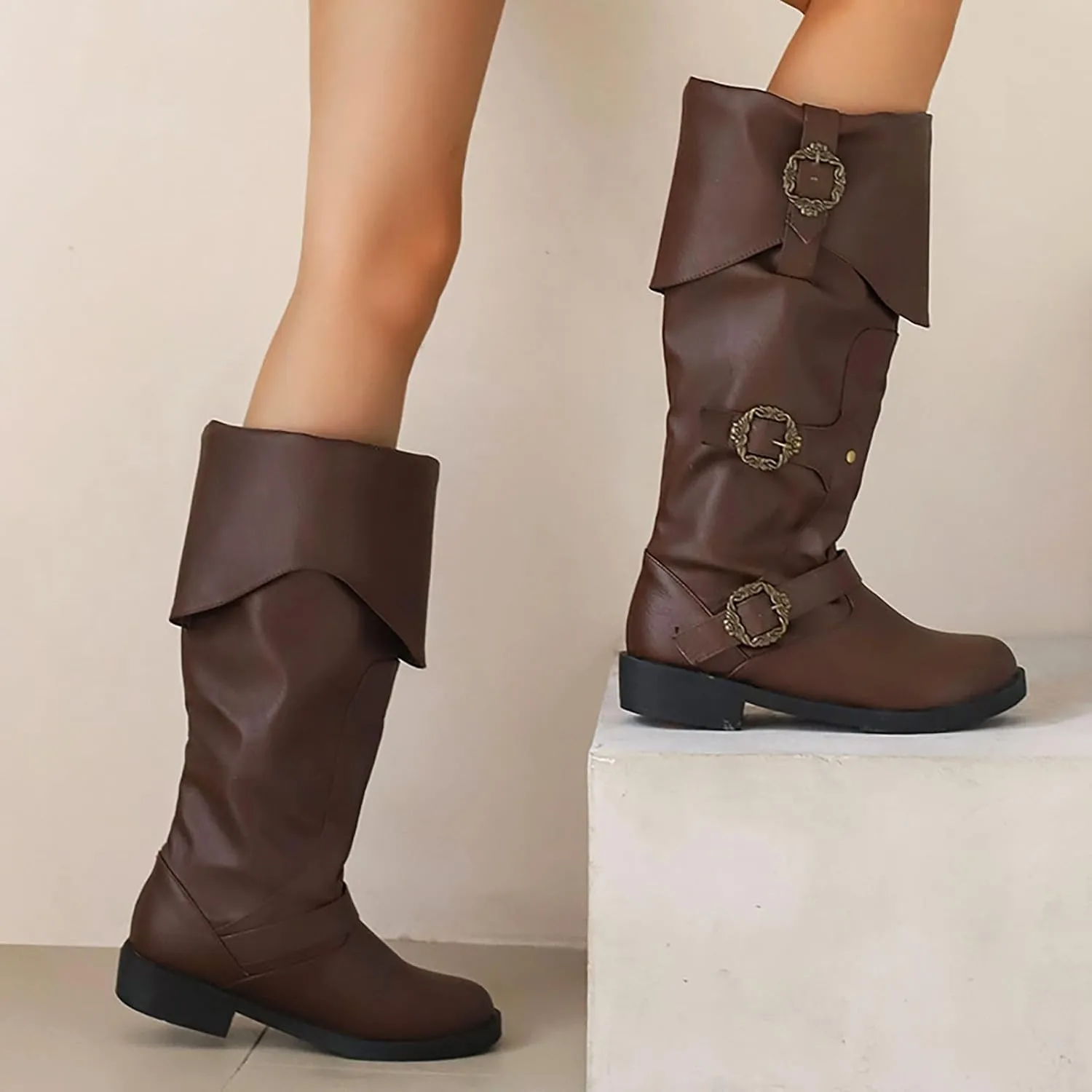 Generic Women's Alternative Black Knee High Calf Vintage Foldover Pirate Costume Boots Goth Buckle Strap Leather Boots Stylish Cosplay Shoes