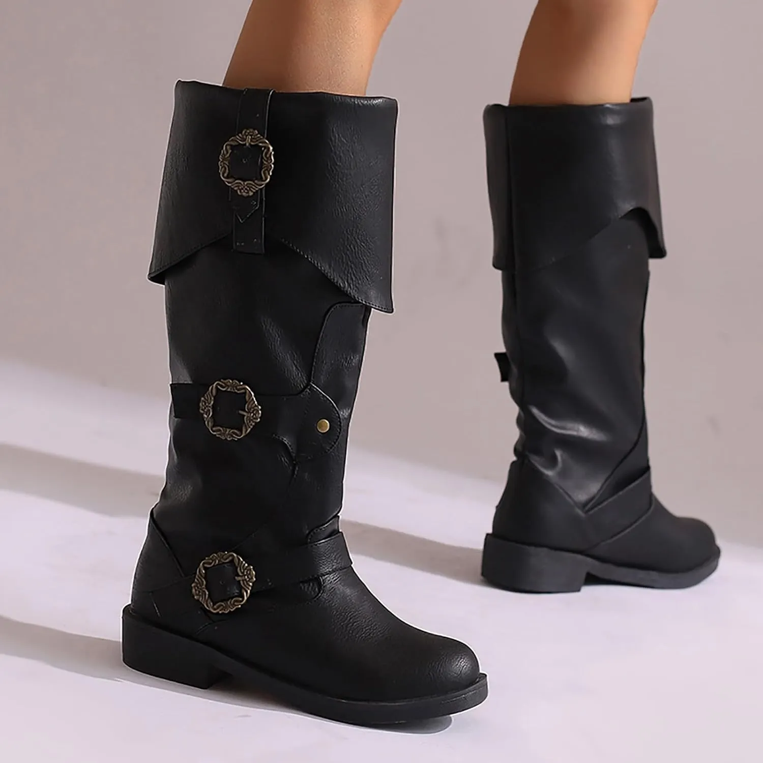 Generic Women's Alternative Black Knee High Calf Vintage Foldover Pirate Costume Boots Goth Buckle Strap Leather Boots Stylish Cosplay Shoes