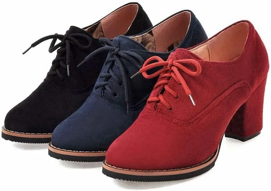 Generic Womens Block Heel Pumps Comfort Oxfords Shoes Suede Lace up Dress Shoes Chunky Mid Heels Ankle Boots