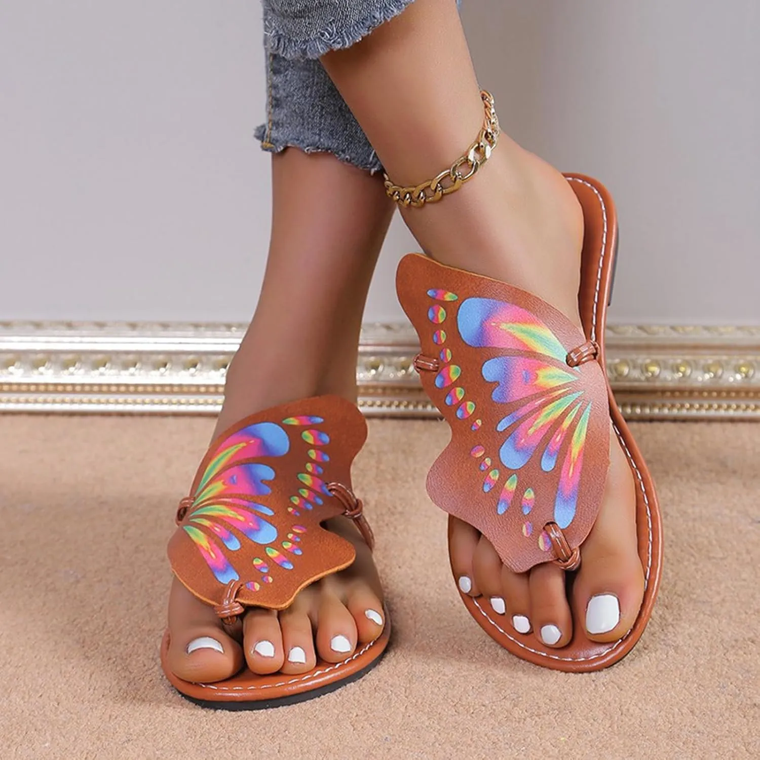 Generic Women's Thong Flat Sandals Flip Flops Sandals Casual Slip on Comfortable Slide Sandals Butterfly Summer Beach Dress Shoes