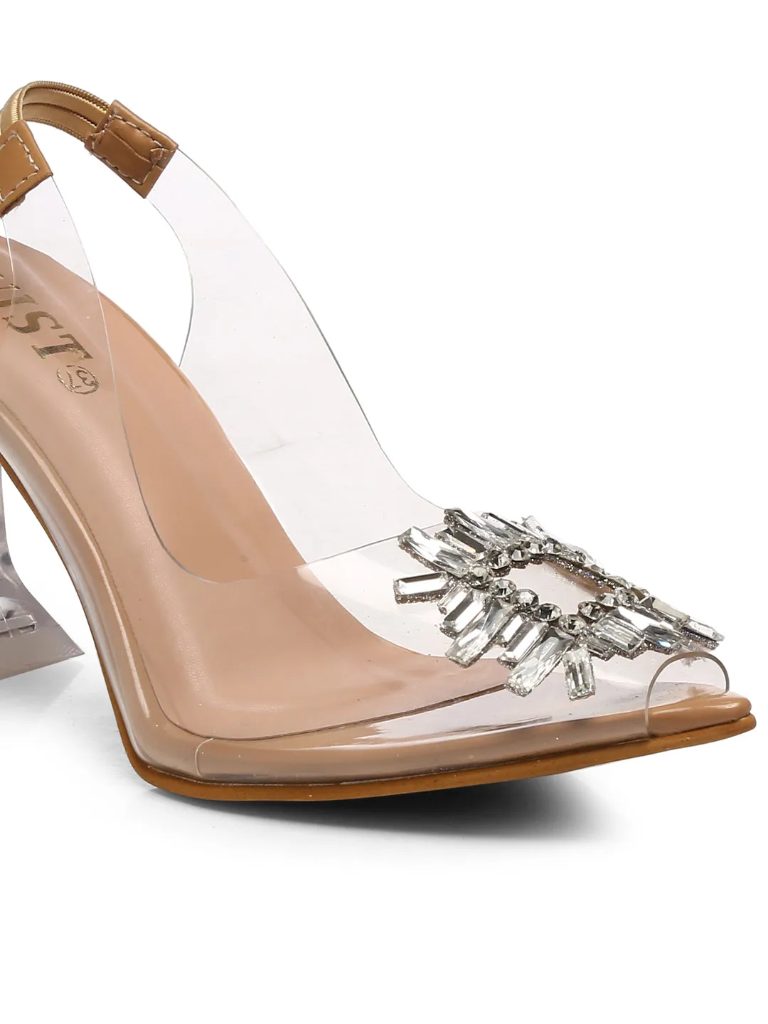GNIST Square Embellished Beige Pointed Stilettos