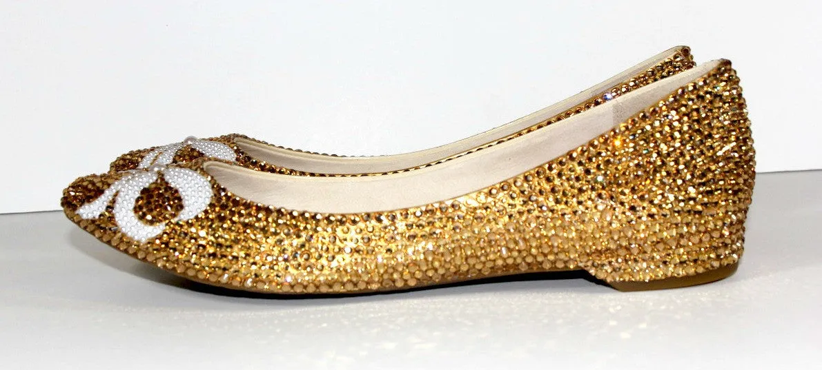 Gold Crystal Ballet Flats with Pearl Bows