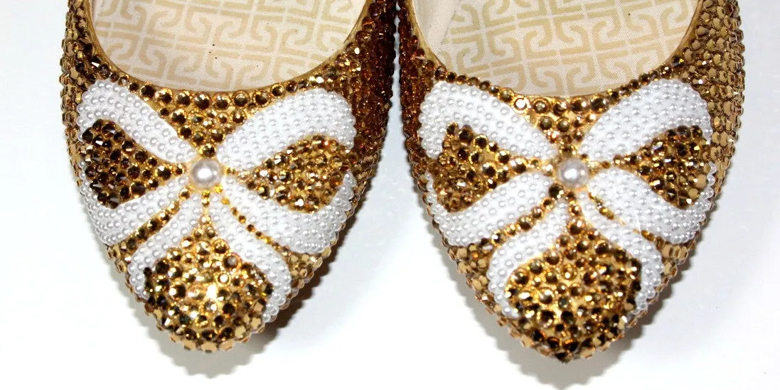 Gold Crystal Ballet Flats with Pearl Bows