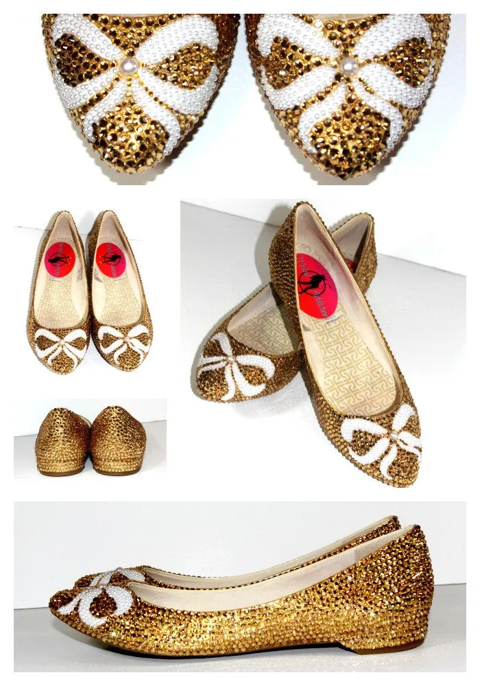 Gold Crystal Ballet Flats with Pearl Bows