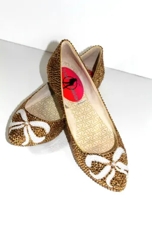 Gold Crystal Ballet Flats with Pearl Bows