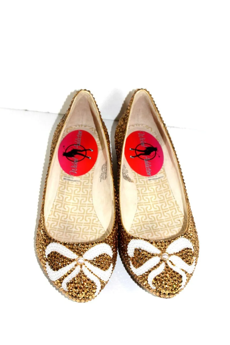 Gold Crystal Ballet Flats with Pearl Bows
